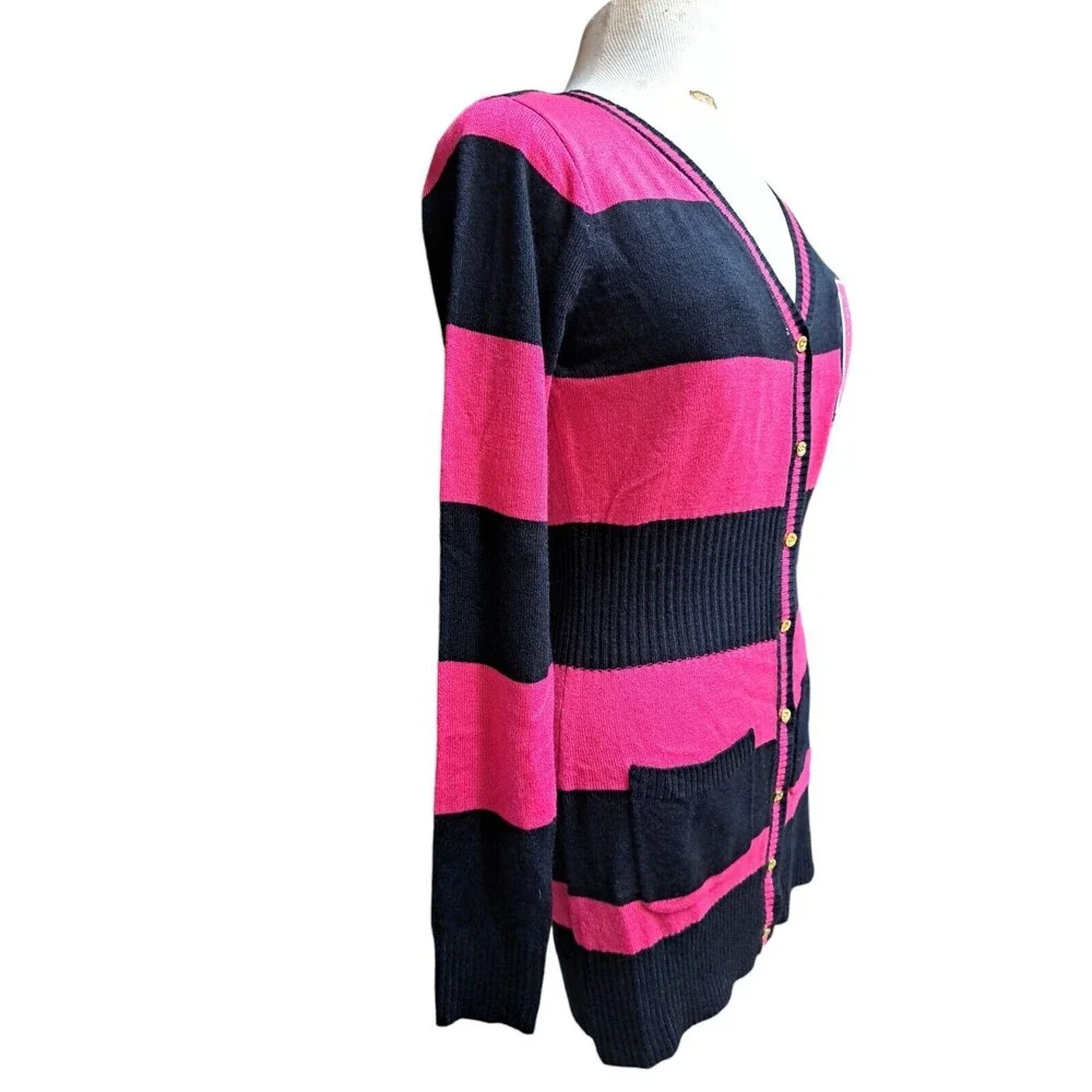 Coogi Cardigan Sweater Women L Pink Black Striped Vintage Retro 90s Letterman - Picture 5 of 9